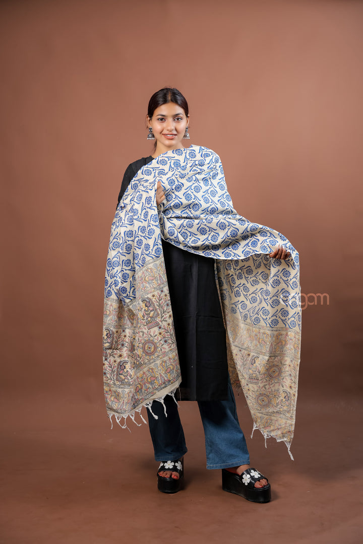 Cream Poly Dupion Dupatta with Blue Floral Screen Print Elegant Ethnic Design