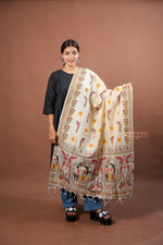 Load image into Gallery viewer, Cream Poly Dupion Dupatta with Traditional Screen Print and Peacock Border Design