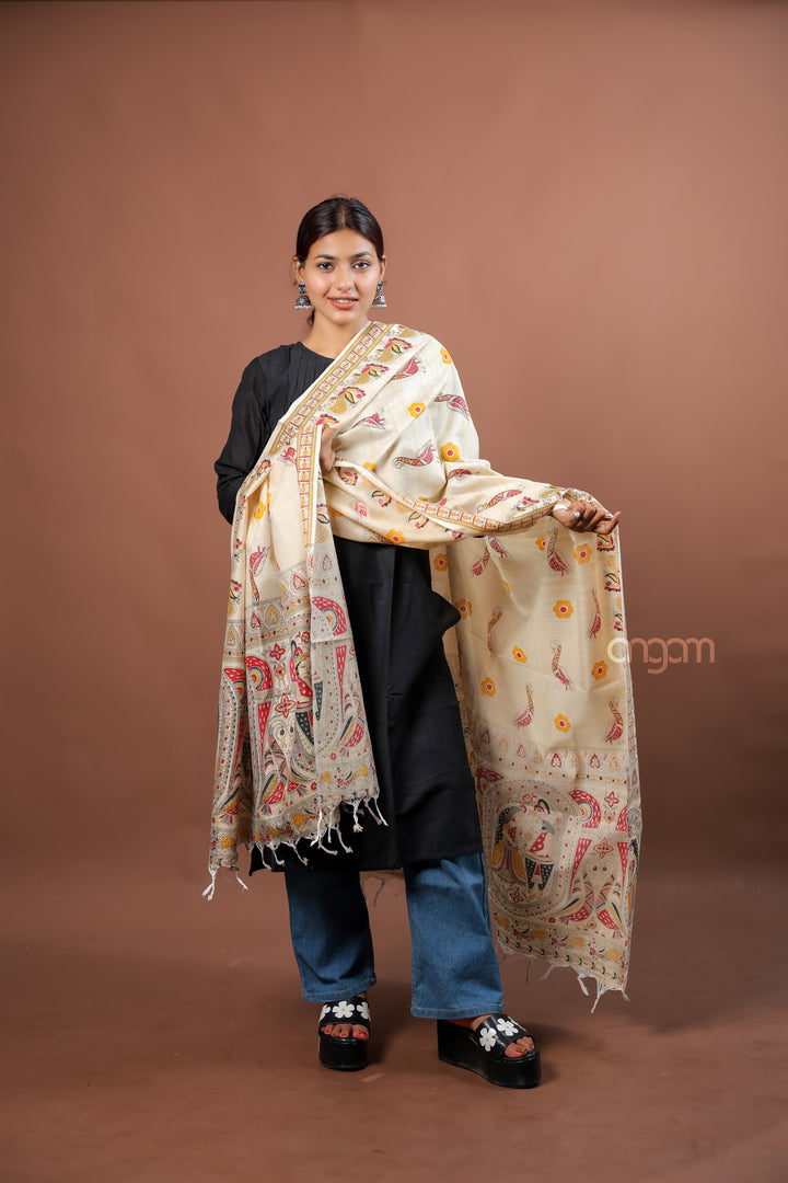 Cream Poly Dupion Dupatta with Traditional Screen Print and Peacock Border Design