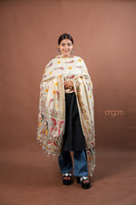 Load image into Gallery viewer, Cream Poly Dupion Dupatta with Traditional Screen Print and Peacock Border Design