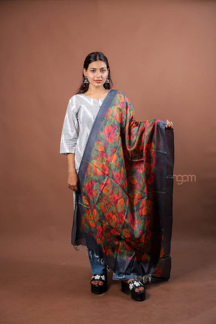 Olive Green Silk Dupatta with Abstract Digital Print Elegant Contemporary Design