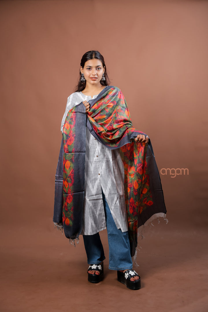 Olive Green Silk Dupatta with Abstract Digital Print Elegant Contemporary Design