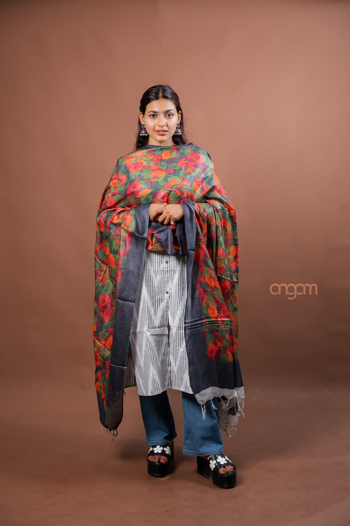 Olive Green Silk Dupatta with Abstract Digital Print Elegant Contemporary Design