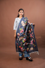 Load image into Gallery viewer, Navy Blue Silk Dupatta with Floral Digital Print Elegant Contemporary Design