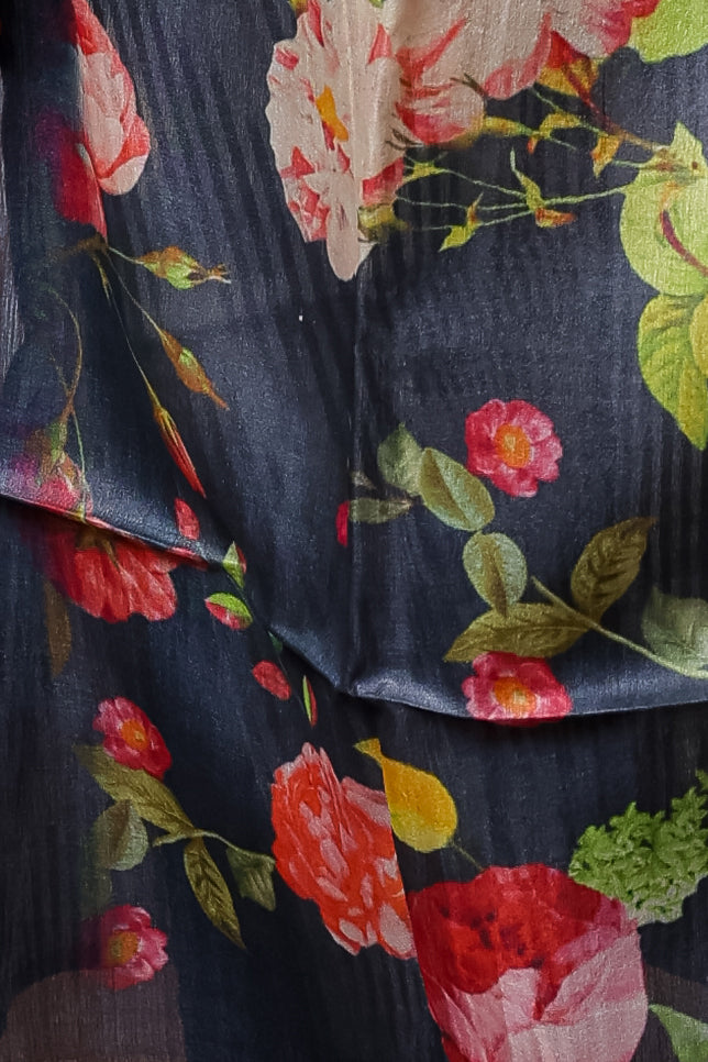 Navy Blue Silk Dupatta with Floral Digital Print Elegant Contemporary Design