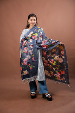 Load image into Gallery viewer, Navy Blue Silk Dupatta with Floral Digital Print Elegant Contemporary Design