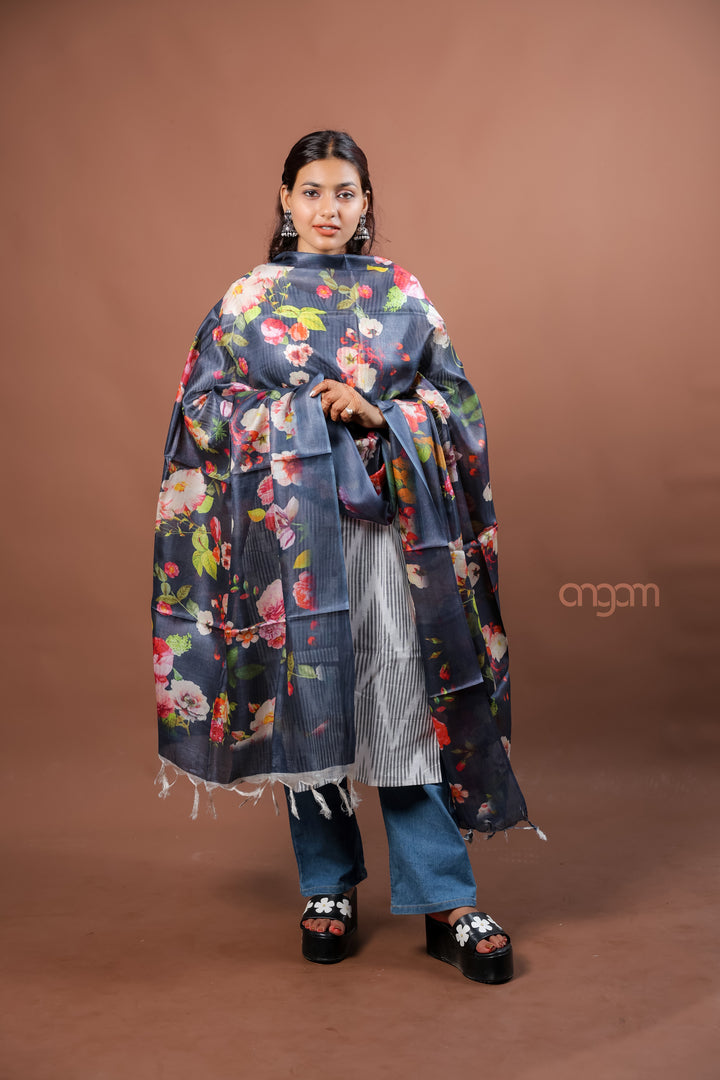 Navy Blue Silk Dupatta with Floral Digital Print Elegant Contemporary Design