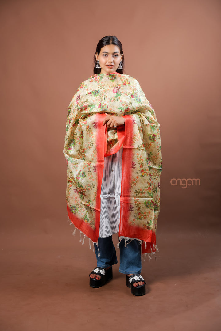 Cream Silk Dupatta with Vibrant Digital Floral Print for Ethnic Elegance