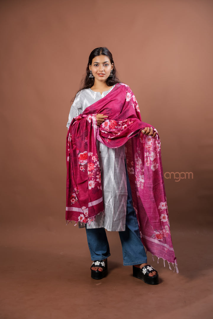 Wine Slub Dupatta with Elegant Digital Floral Print for Festive Styling