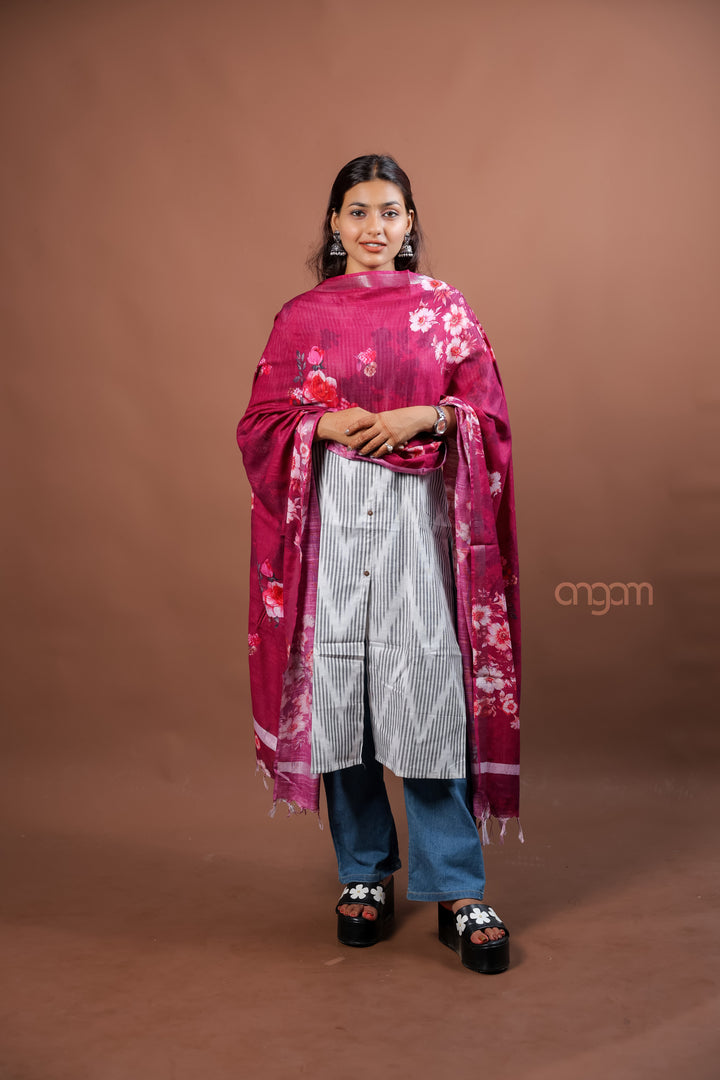 Wine Slub Dupatta with Elegant Digital Floral Print for Festive Styling