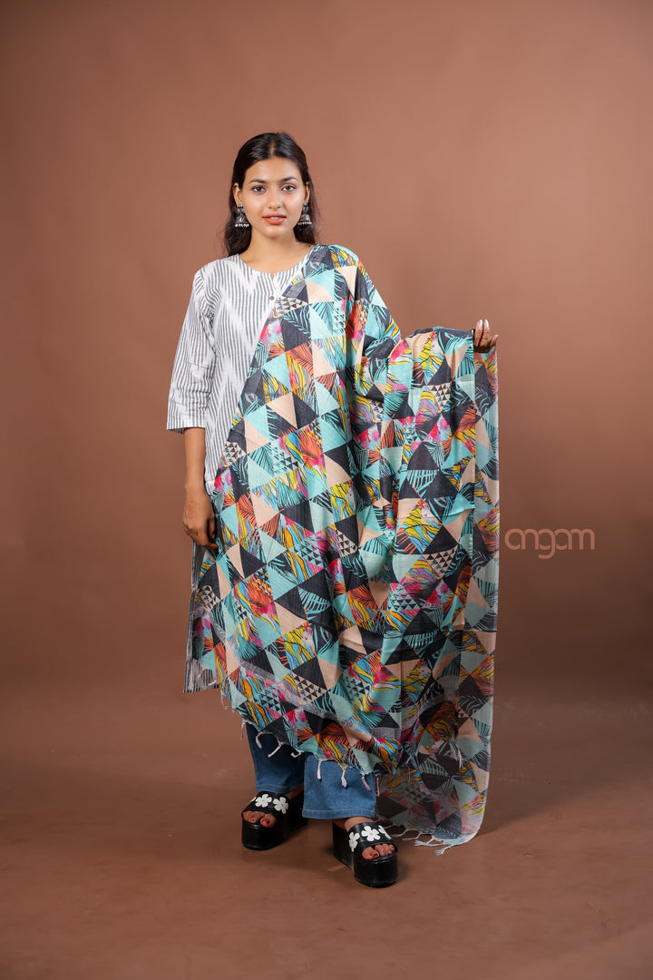 Aqua Slub Dupatta with Vibrant Geometric Digital Print for Contemporary Ethnic Style