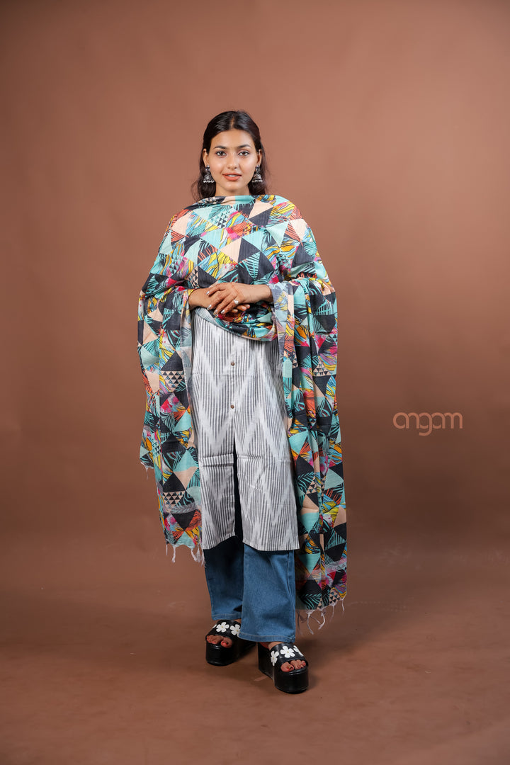 Aqua Slub Dupatta with Vibrant Geometric Digital Print for Contemporary Ethnic Style