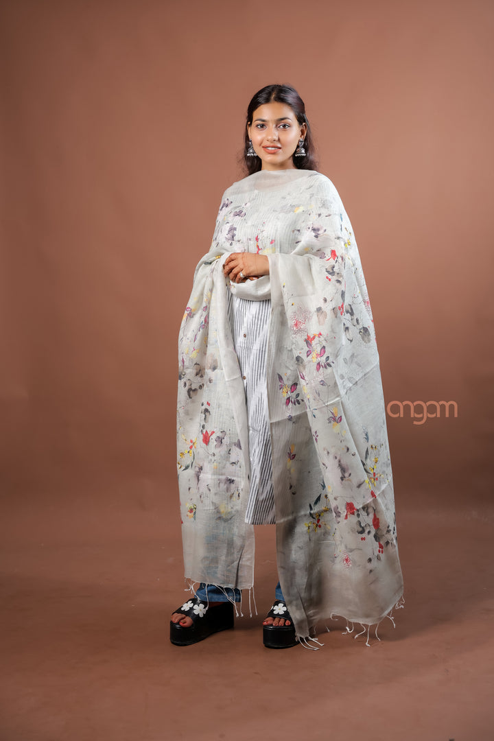 Off White Linen Dupatta with Elegant Digital Botanical Print for Ethnic Grace