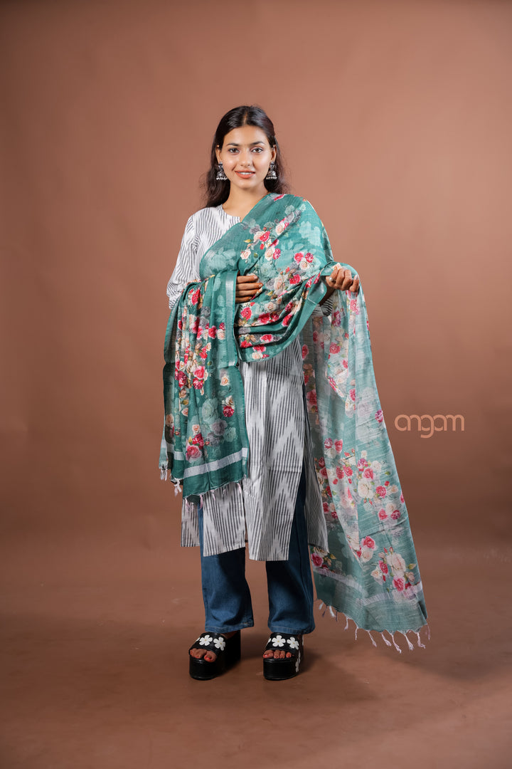 Teal Slub Dupatta with Elegant Digital Rose Print for Ethnic Styling