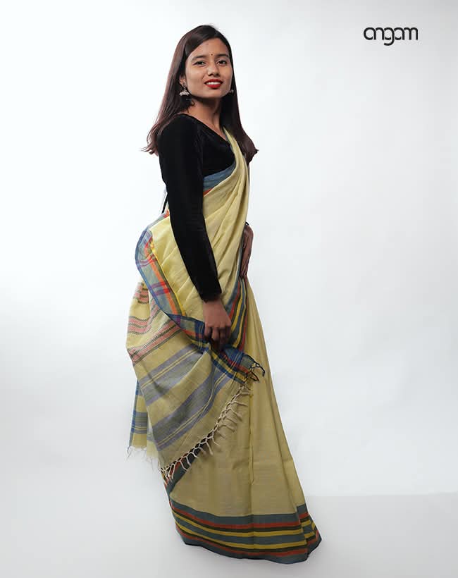 Elegant Handloom Khadi Cotton Saree with Colorful Striped Border