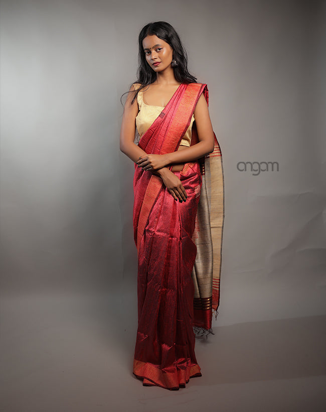 Kolika Dupion Silk Saree – Red & Beige Elegant Traditional Wear
