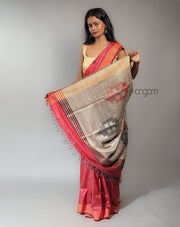 Kolika Dupion Silk Saree – Red & Beige Elegant Traditional Wear