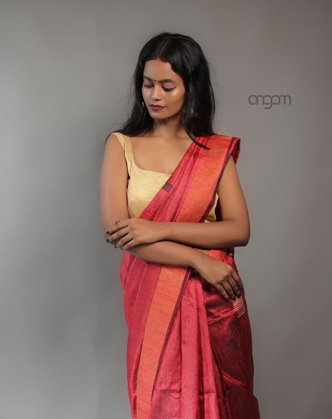 Kolika Dupion Silk Saree – Red & Beige Elegant Traditional Wear