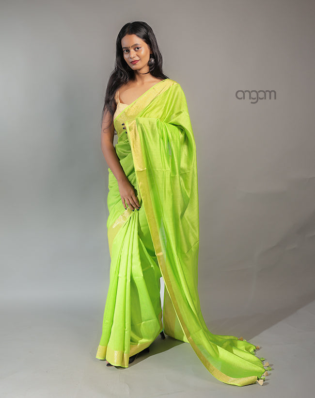 Cotton Silk Saree – Lime Green with Golden Border