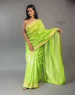 Load image into Gallery viewer, Cotton Silk Saree – Lime Green with Golden Border
