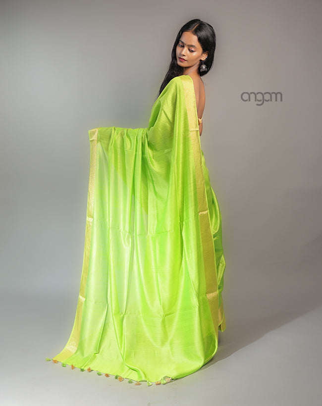 Cotton Silk Saree – Lime Green with Golden Border