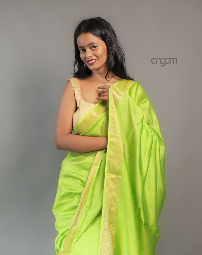 Cotton Silk Saree – Lime Green with Golden Border