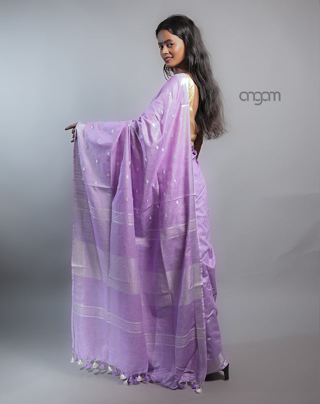Cotton Slub Saree – Lavender with White Embroidered Motifs