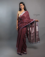 Load image into Gallery viewer, Cotton Slub Saree – Maroon with Blue Embroidery &amp; Tassels
