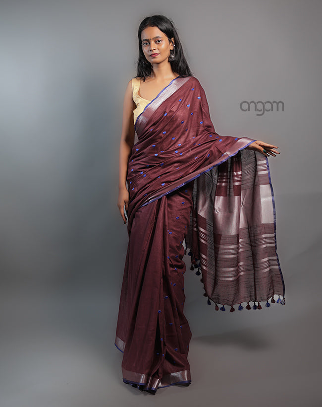 Cotton Slub Saree – Maroon with Blue Embroidery & Tassels