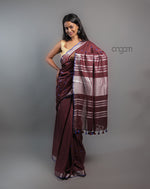Load image into Gallery viewer, Cotton Slub Saree – Maroon with Blue Embroidery &amp; Tassels
