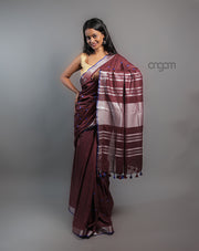 Cotton Slub Saree – Maroon with Blue Embroidery & Tassels
