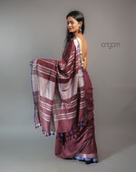 Load image into Gallery viewer, Cotton Slub Saree – Maroon with Blue Embroidery &amp; Tassels
