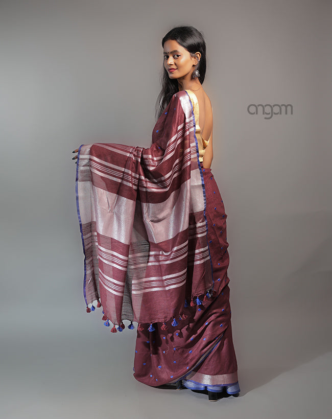 Cotton Slub Saree – Maroon with Blue Embroidery & Tassels