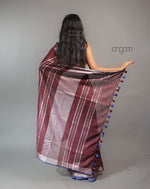 Load image into Gallery viewer, Cotton Slub Saree – Maroon with Blue Embroidery &amp; Tassels
