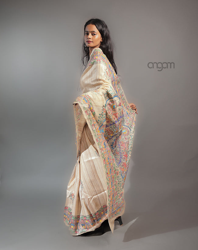Hand Painted Tussar Silk Saree – Elegant Beige Madhubani Art