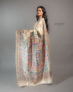 Load image into Gallery viewer, Hand Painted Tussar Silk Saree – Elegant Beige Madhubani Art
