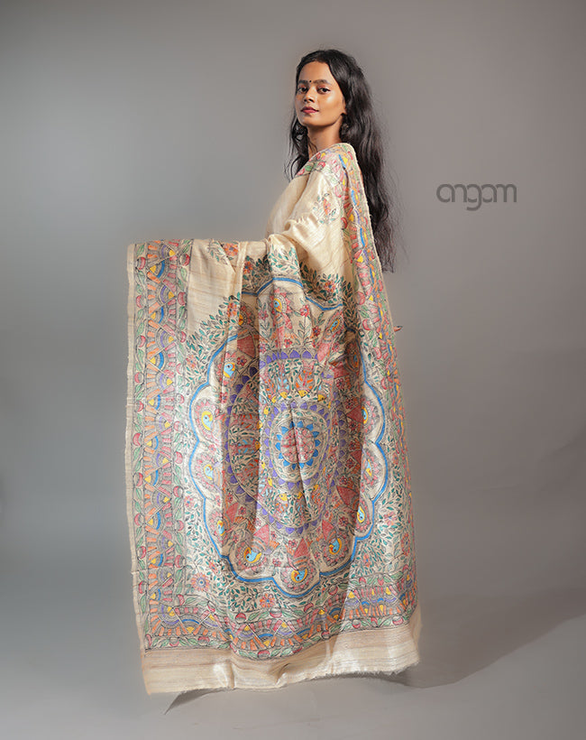 Hand Painted Tussar Silk Saree – Elegant Beige Madhubani Art