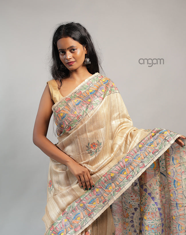 Hand Painted Tussar Silk Saree – Elegant Beige Madhubani Art