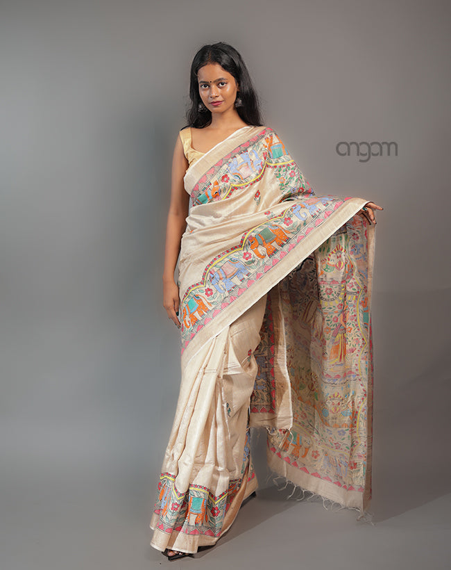 Hand Painted Tussar Silk Saree – Beige Madhubani Art Elegance