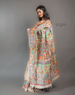 Load image into Gallery viewer, Hand Painted Tussar Silk Saree – Beige Madhubani Art Elegance
