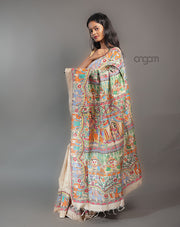 Hand Painted Tussar Silk Saree – Beige Madhubani Art Elegance