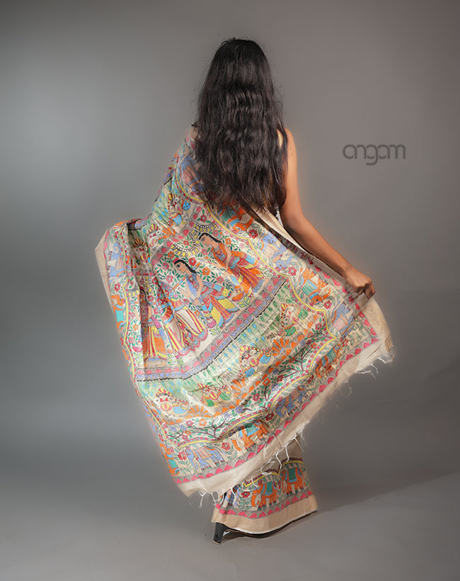 Hand Painted Tussar Silk Saree – Beige Madhubani Art Elegance