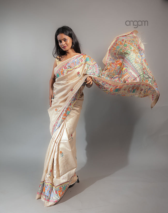 Hand Painted Tussar Silk Saree – Beige Madhubani Art Elegance