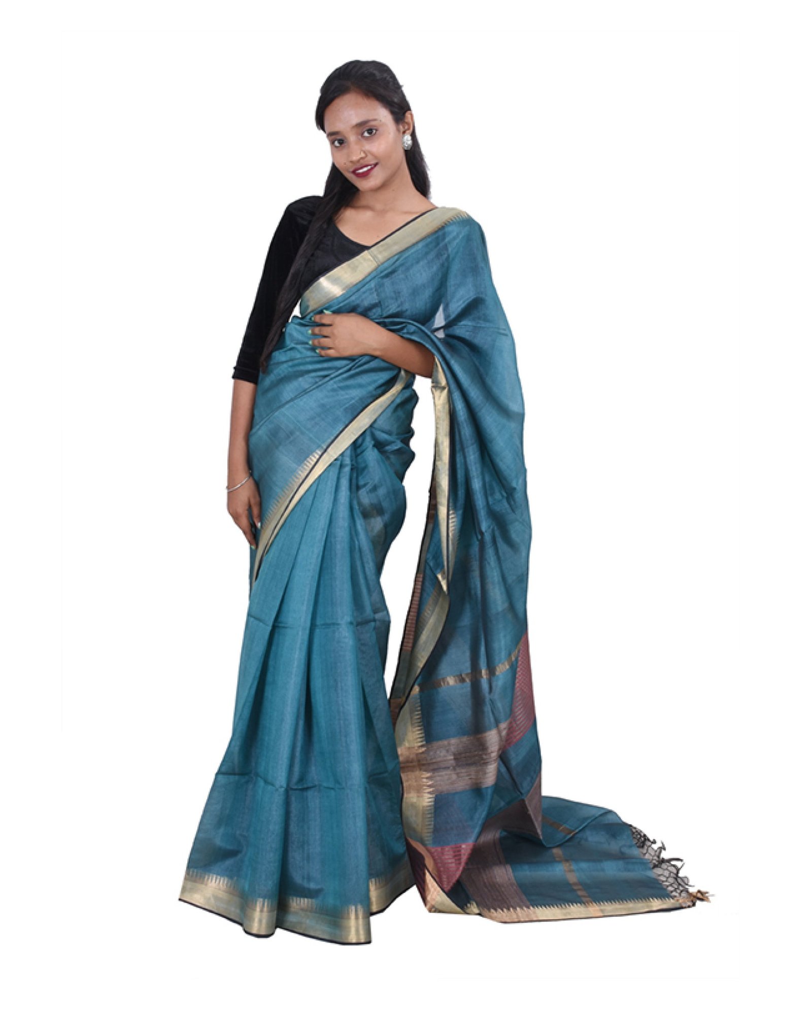 Teal Blue Tissue Silk Saari