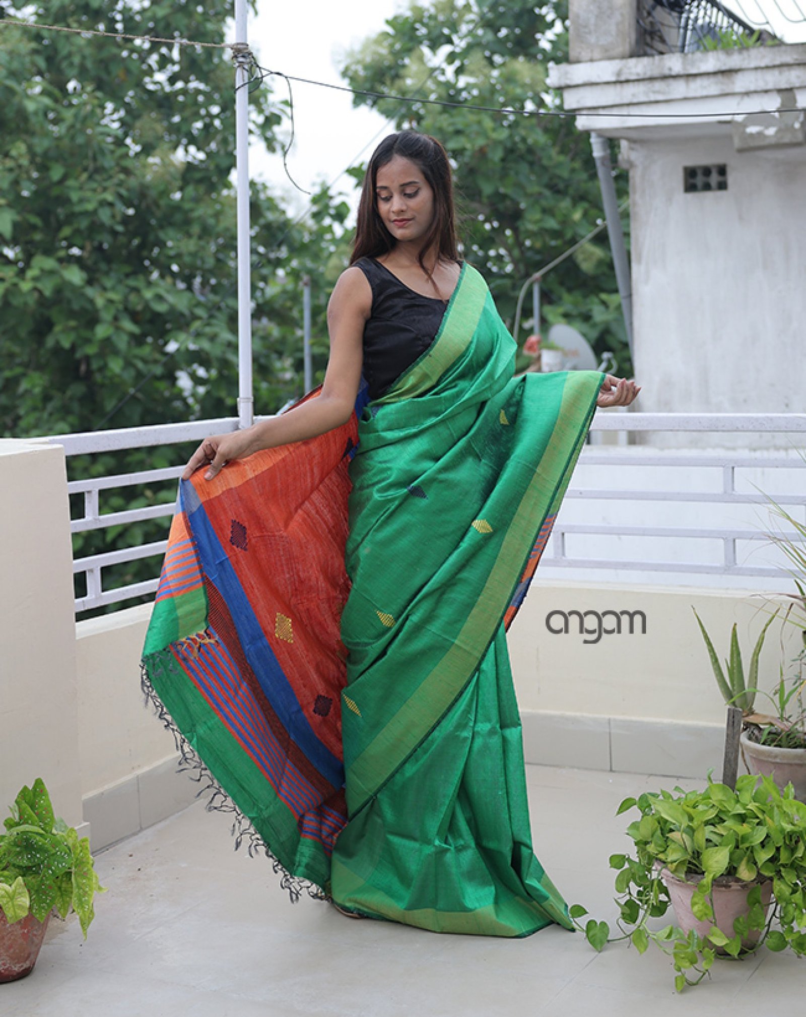 Medium Dark Green Bhagalpuri Silk Saari