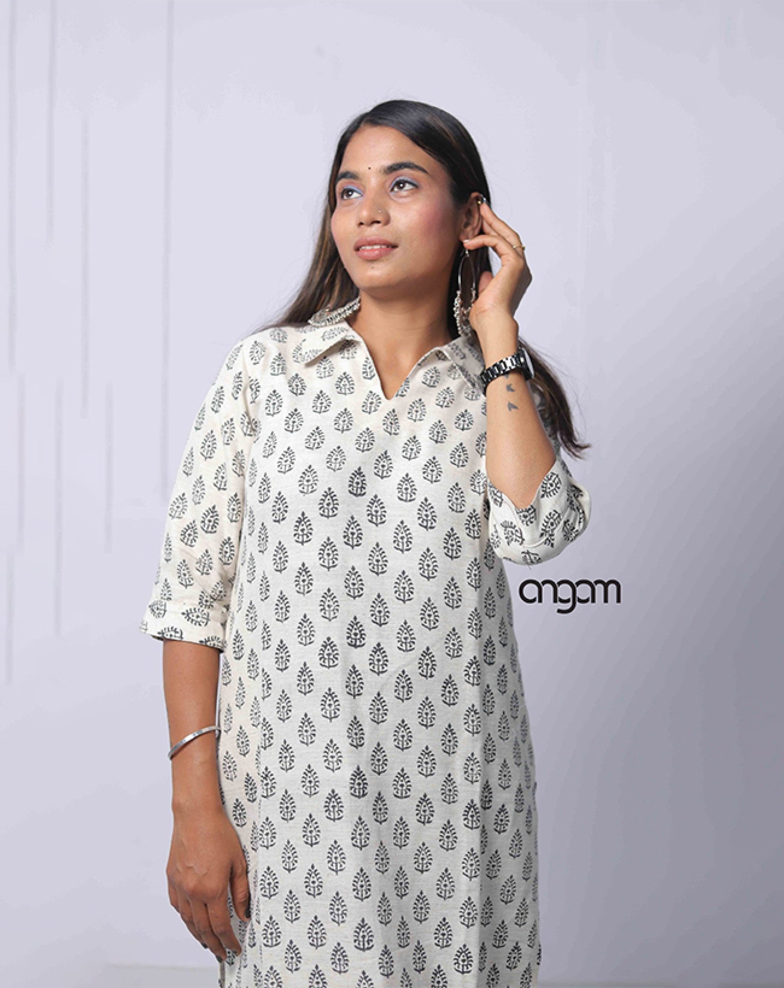 White Cotton-Linen Kurti in Handblock Print