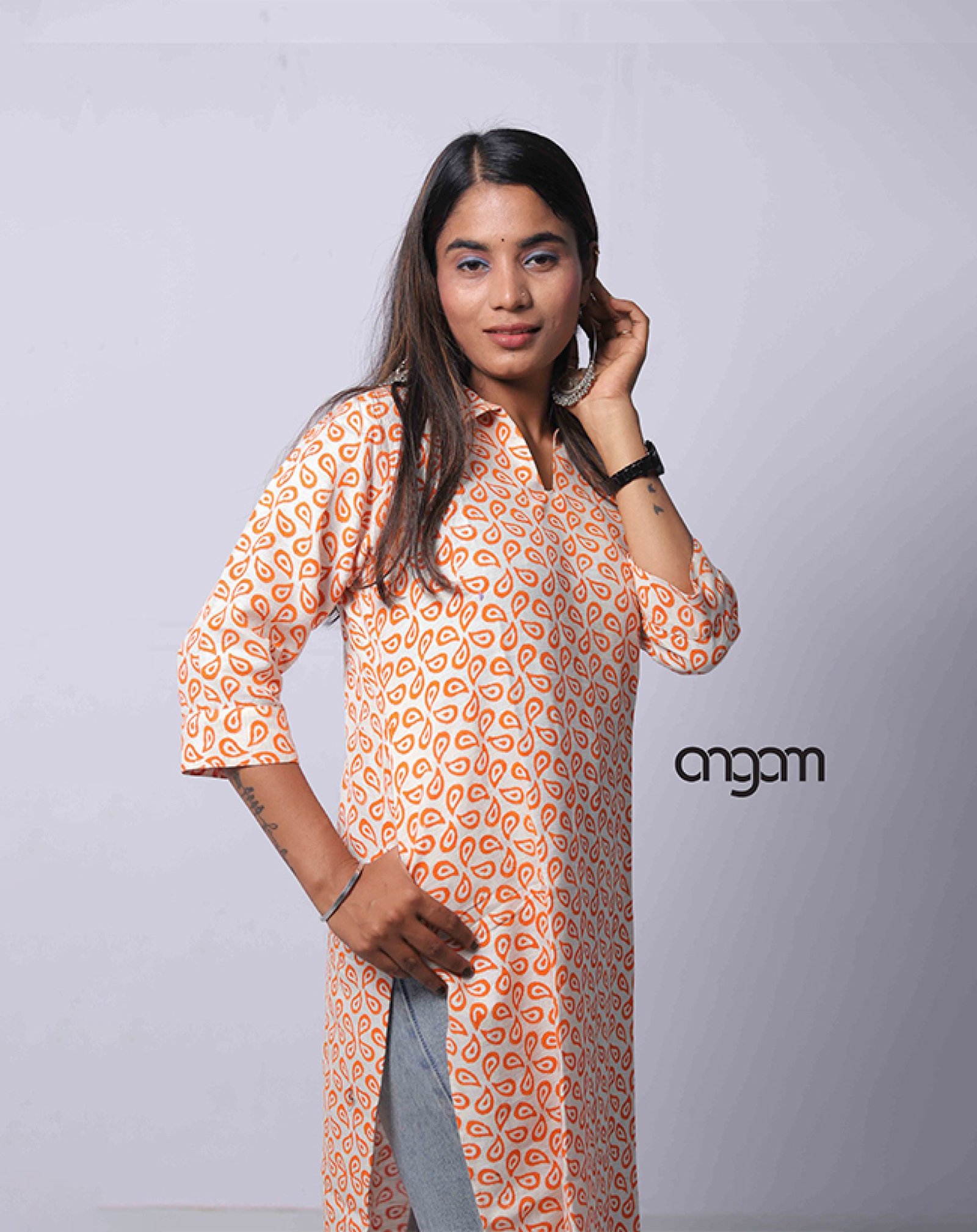 Orange Cotton-Linen Kurti in Handblock Print