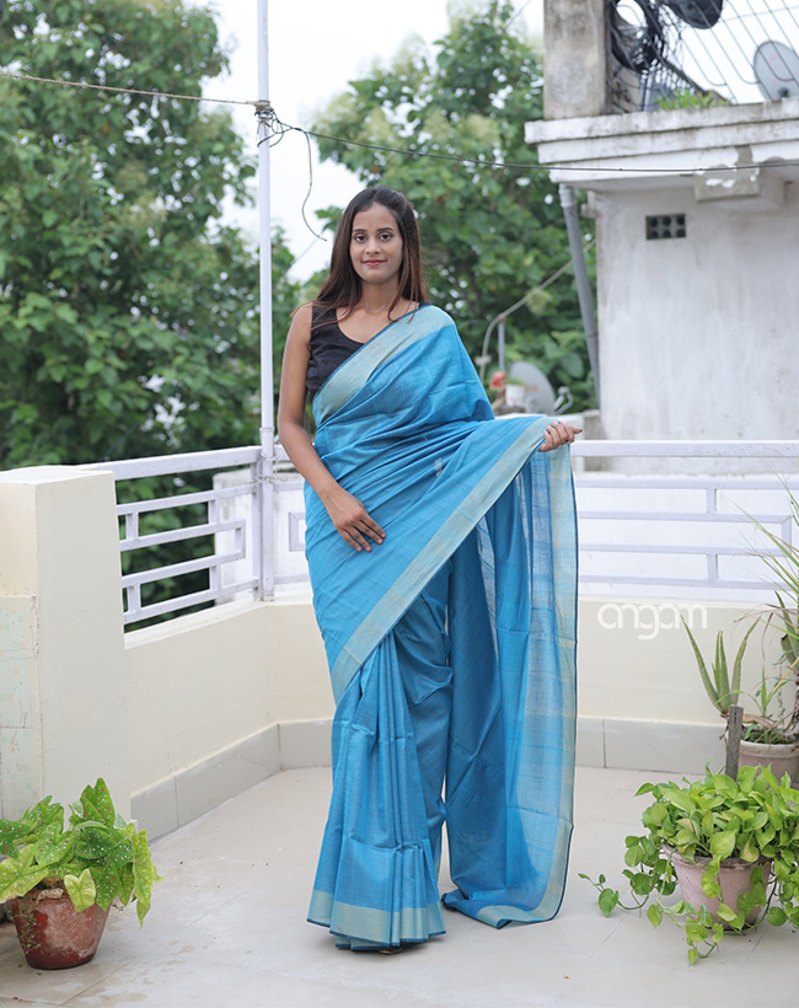 Sky Blue Silk Cotton Saari