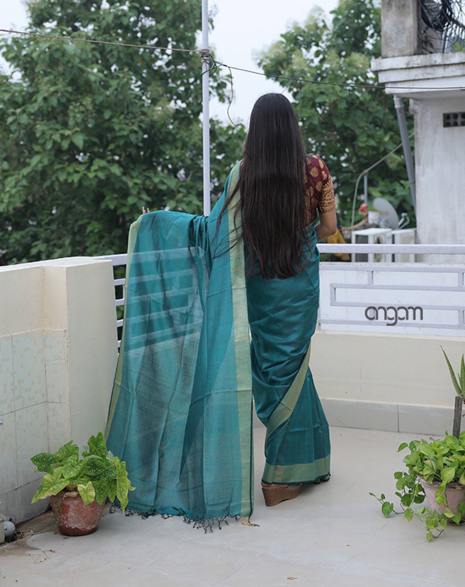 Greenish Blue Silk-Cotton Saari