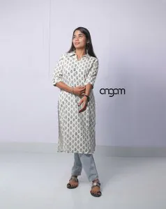 White Cotton-Linen Kurti in Handblock Print